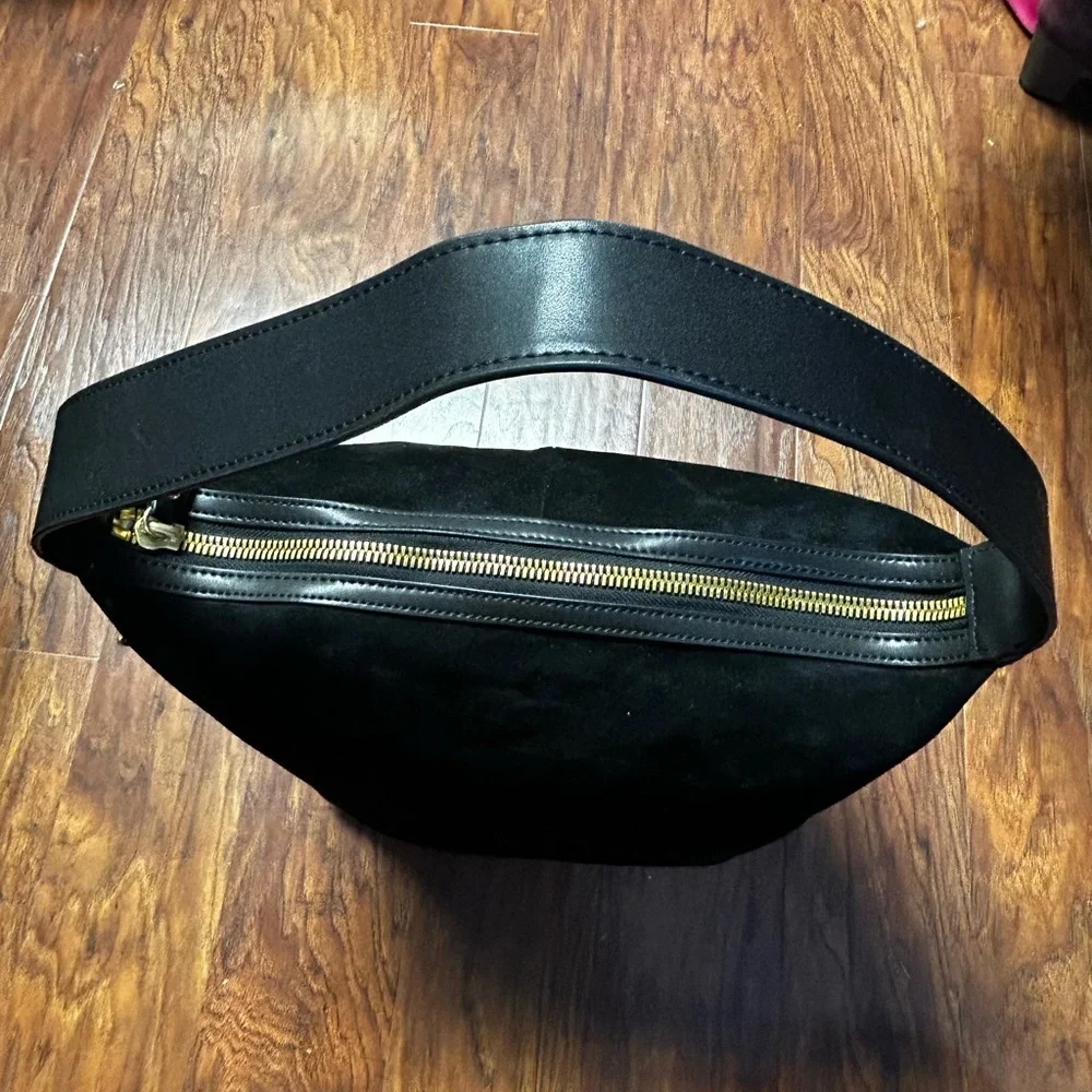 India Hicks Black Suede & Leather Hobo Style Handbag 